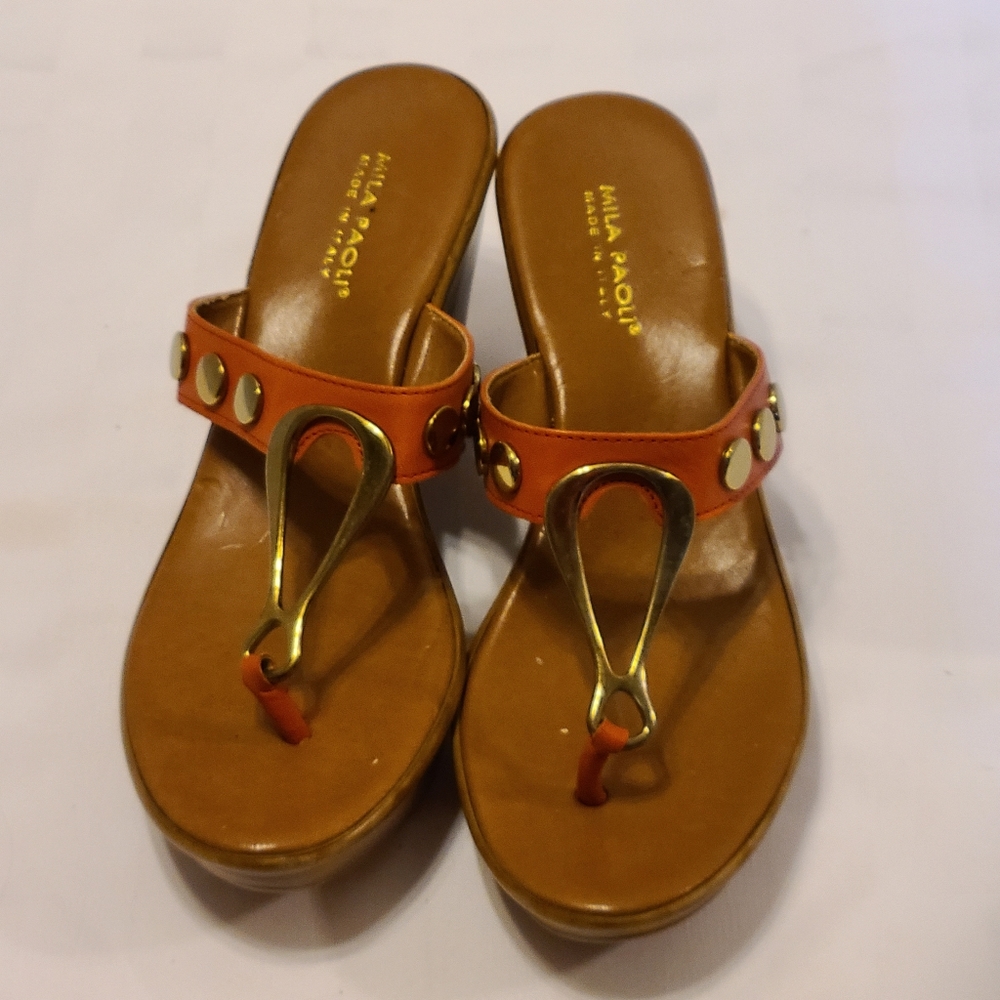 Mila Paoli Womens Sandals Wedges Coral Leather Upper Size 6